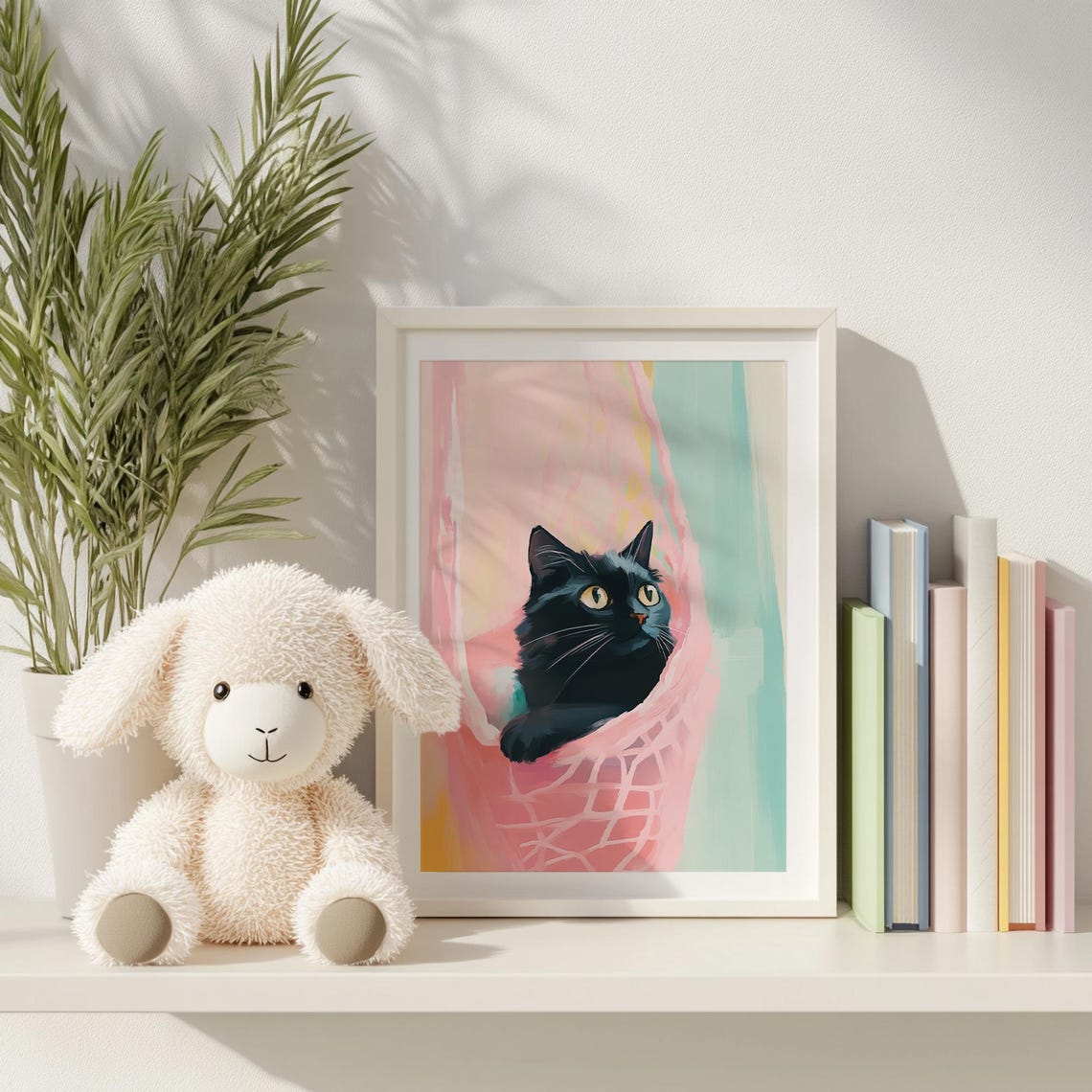 Black Kitten In Pink Hammock Colorful Whimsical Cat Art Poster - Image 6