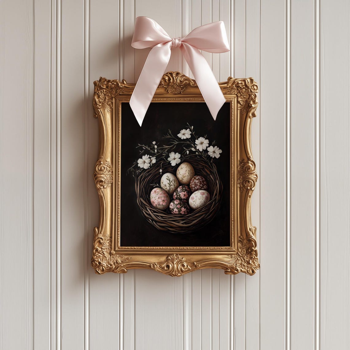 Dark Moody Floral Easter Eggs Nest With White Flowers Poster - Image 5