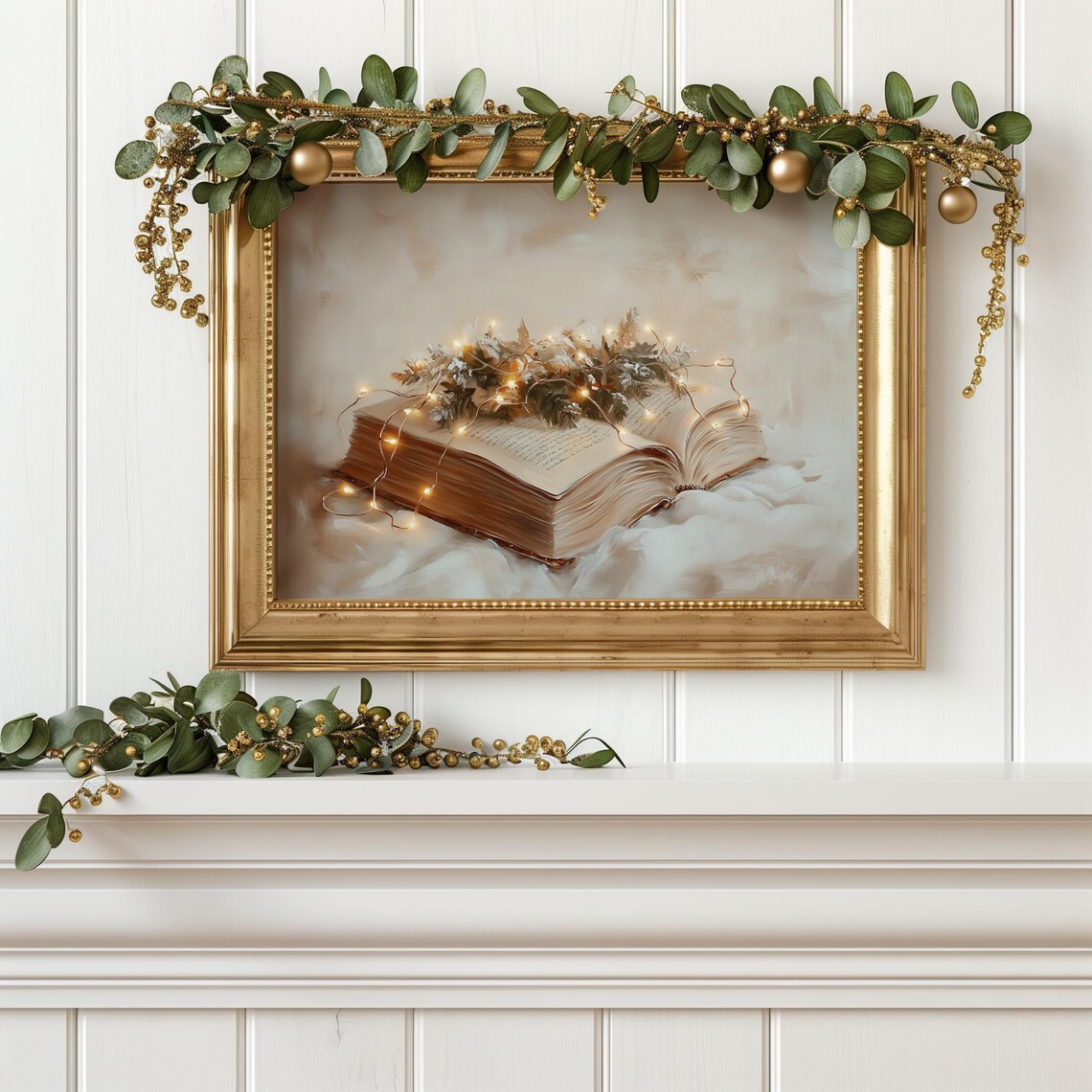 Open Vintage Book Fairy Lights Frosted Greenery Cozy Winter Poster - Image 4