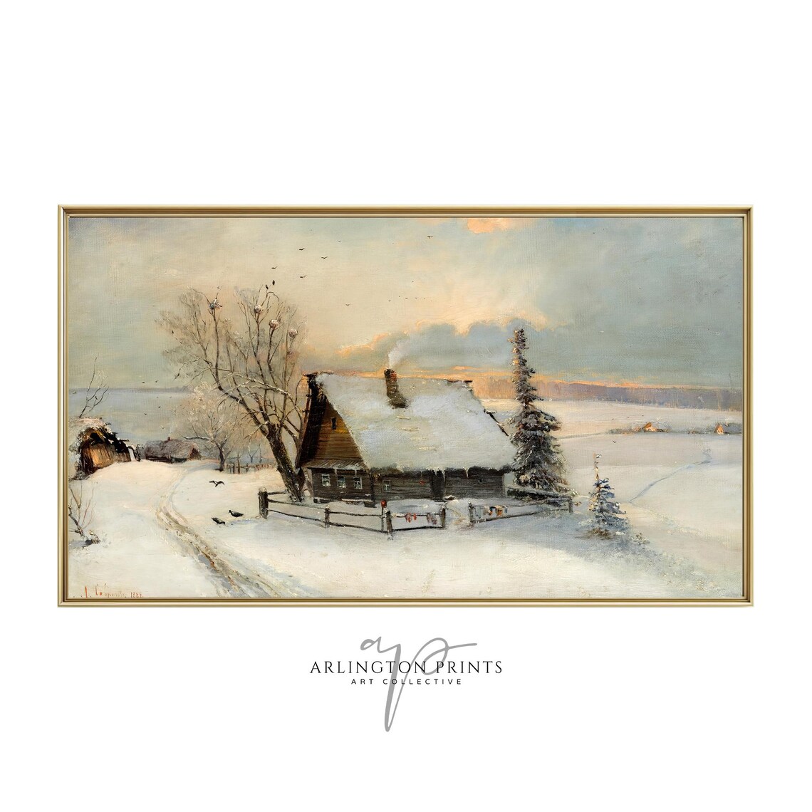 Snowy Cabin Winter Landscape Painting Vintage Oil Cozy Farmhouse Christmas Art Poster