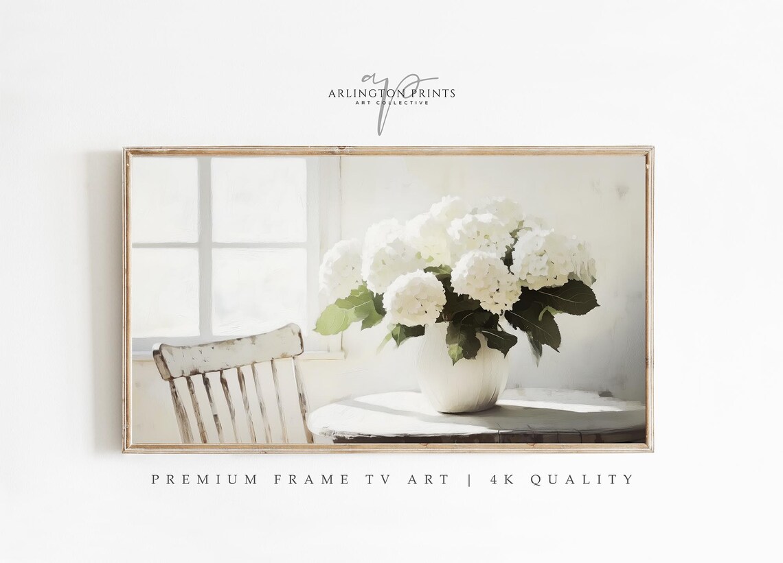 White Hydrangeas In Vase, Farmhouse Floral Spring Decor