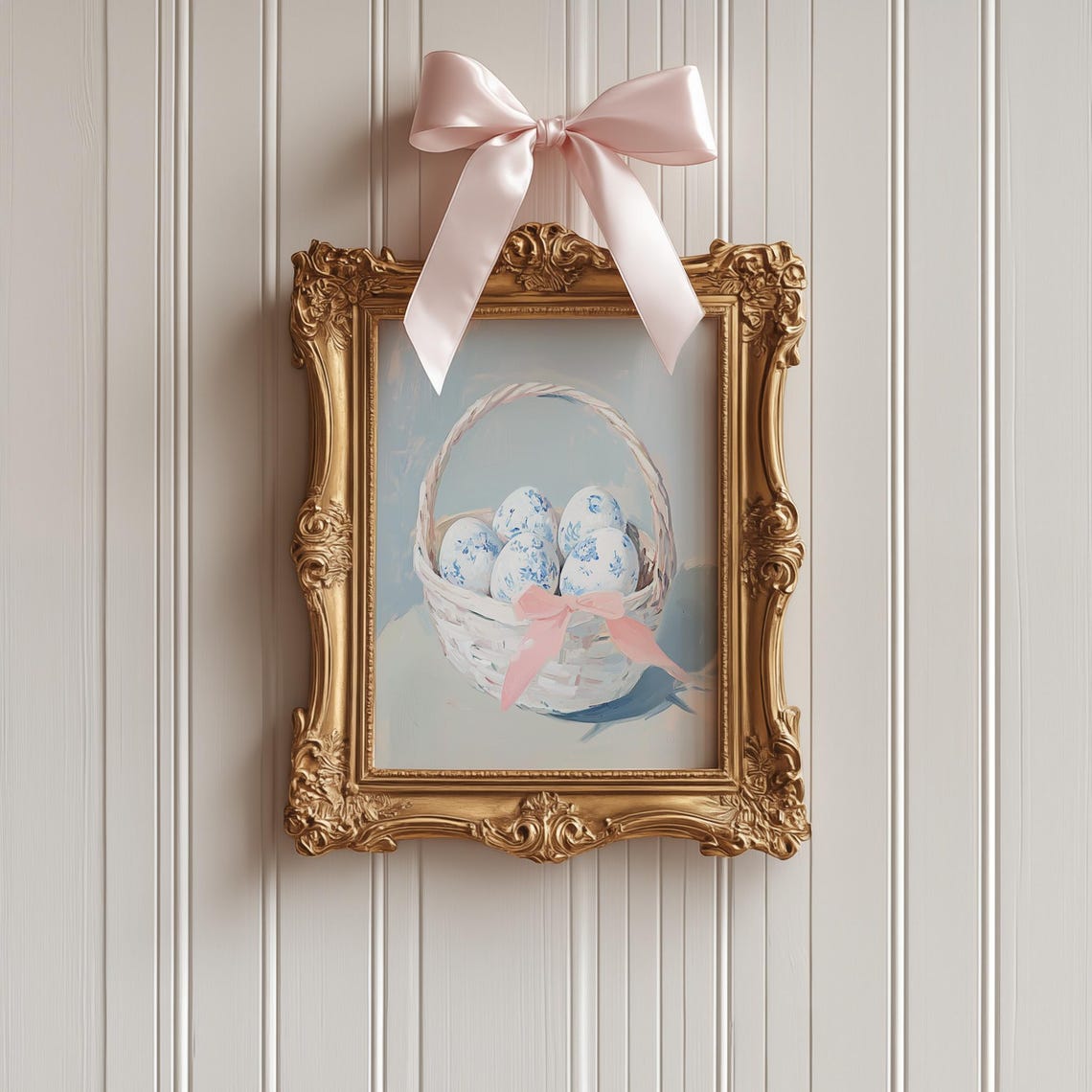 Blue Floral Easter Eggs White Basket Pink Bow Oil Art Poster - Image 4