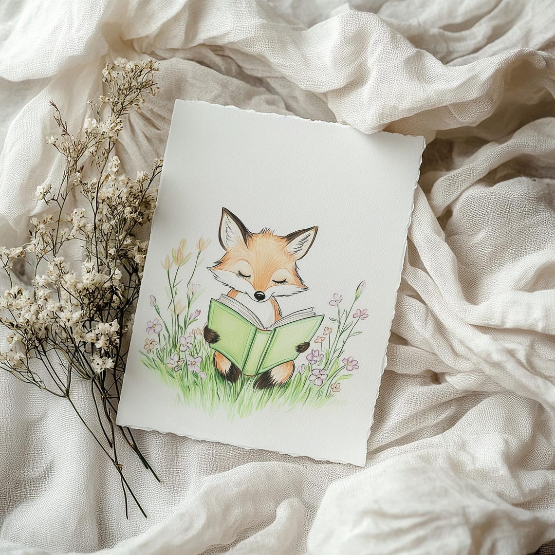 Baby Fox Reading Green Book Watercolor Nursery Decor Art Poster - Image 3