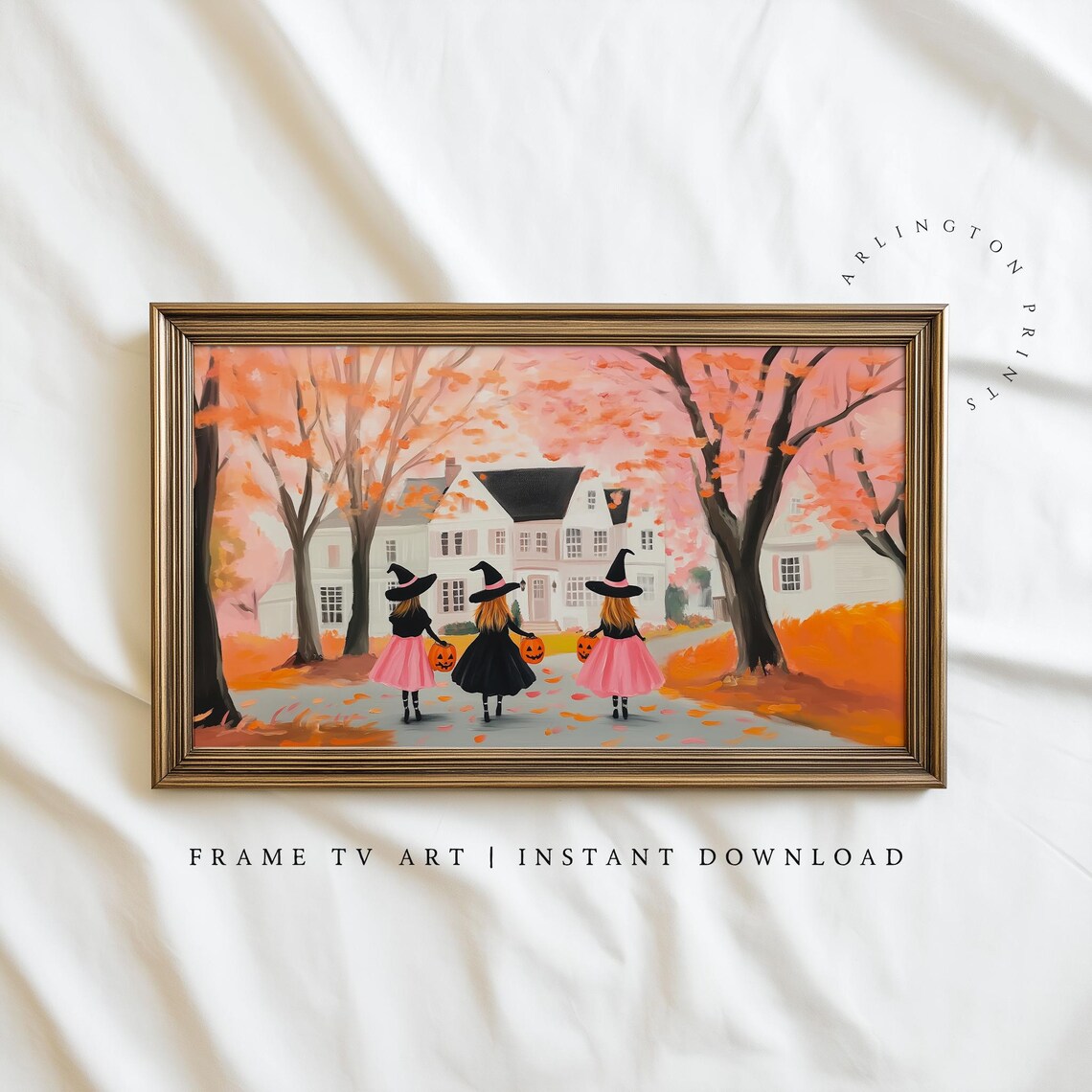 Whimsical Pink Witches Halloween Poster, Spooky Cute
