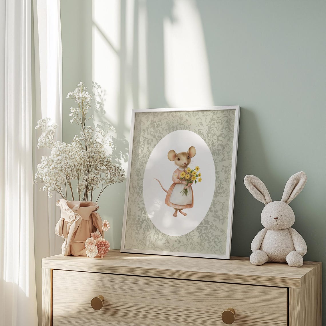 Mother Mouse Holding Yellow Flowers On Sage Floral Nursery Poster - Image 3