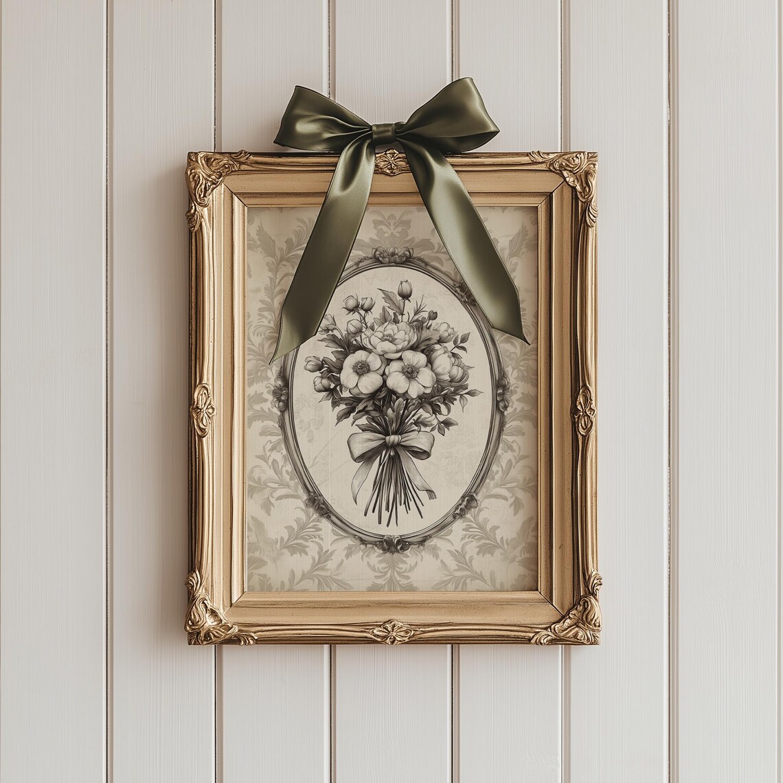 Sepia Floral Bouquet with Bow in Ornate Oval Frame Vintage Print - Image 2