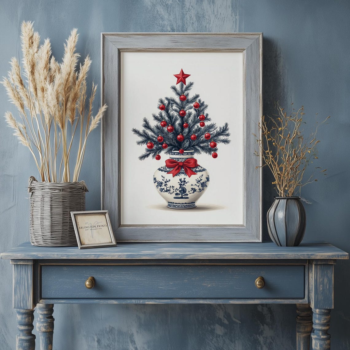 Blue White Porcelain Vase Mini Christmas Tree Red Ornaments Poster - Image 4