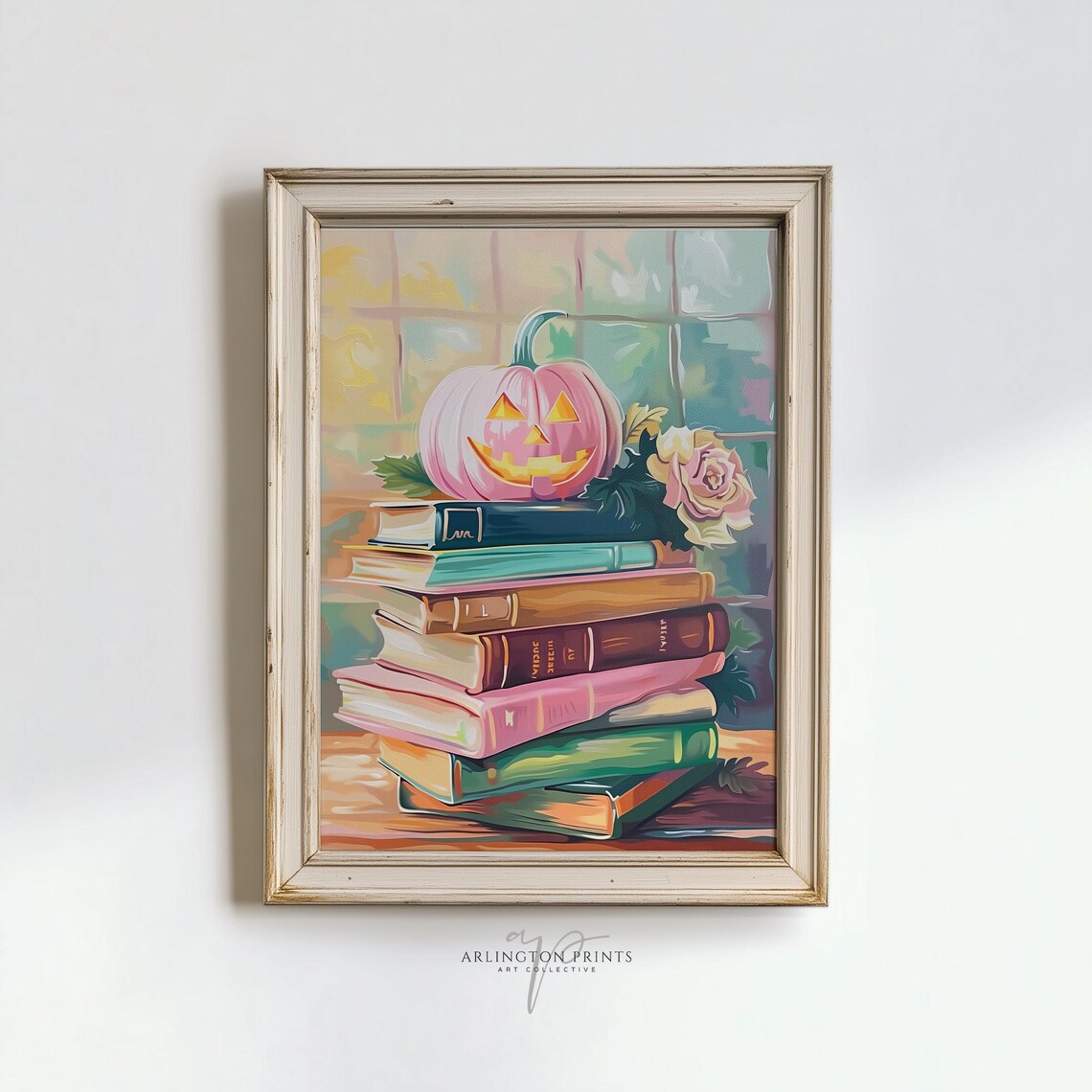 Pink Jack O Lantern on Books Pastel Halloween Fall Painting Poster