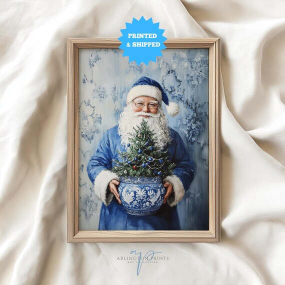 Blue Santa Claus Christmas Chinoiserie Tree Pot Vintage Holiday Winter Art Poster