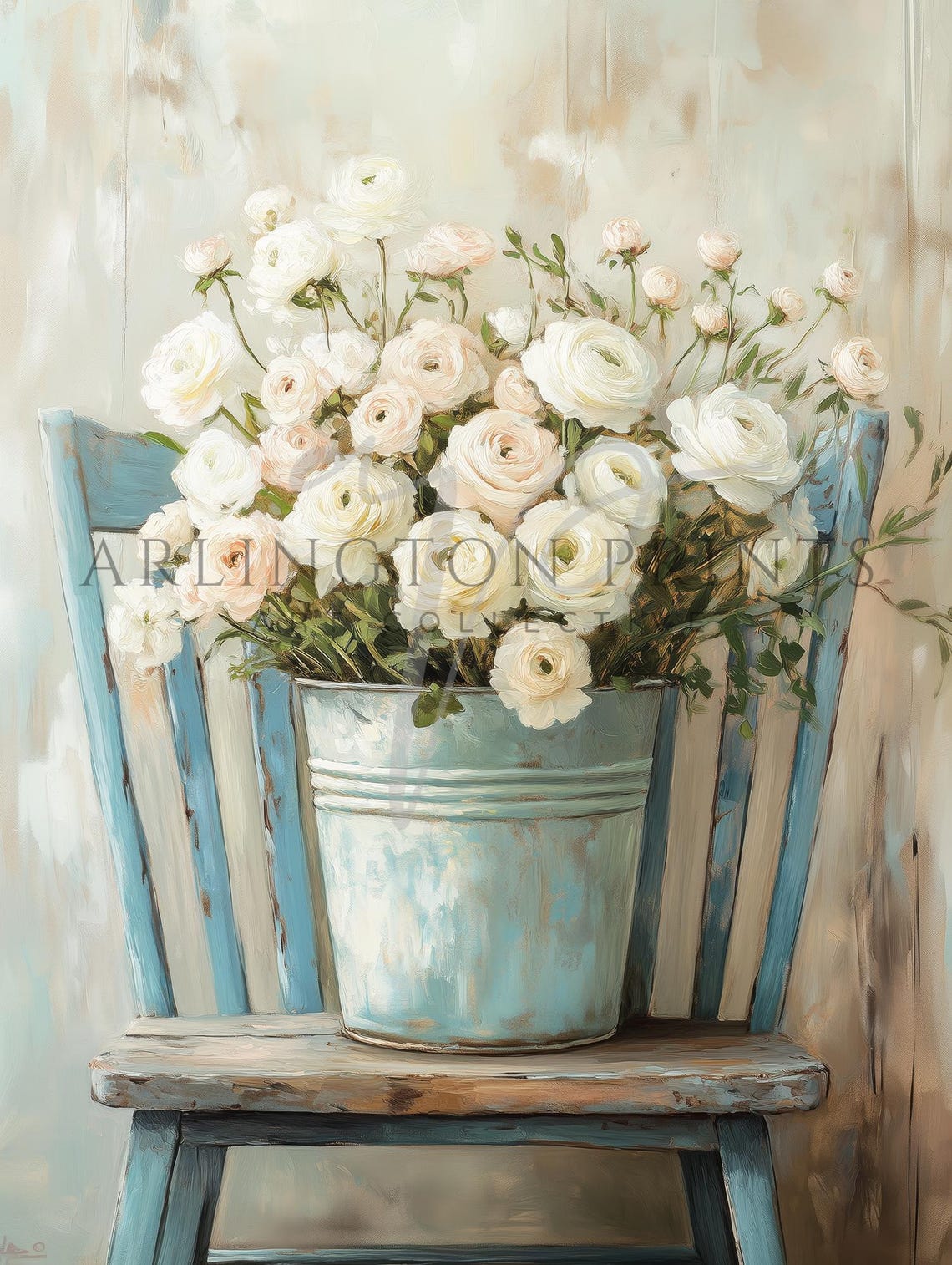 White Ranunculus Bouquet in a Blue Bucket on a Rustic Chair Art Poster - Image 2