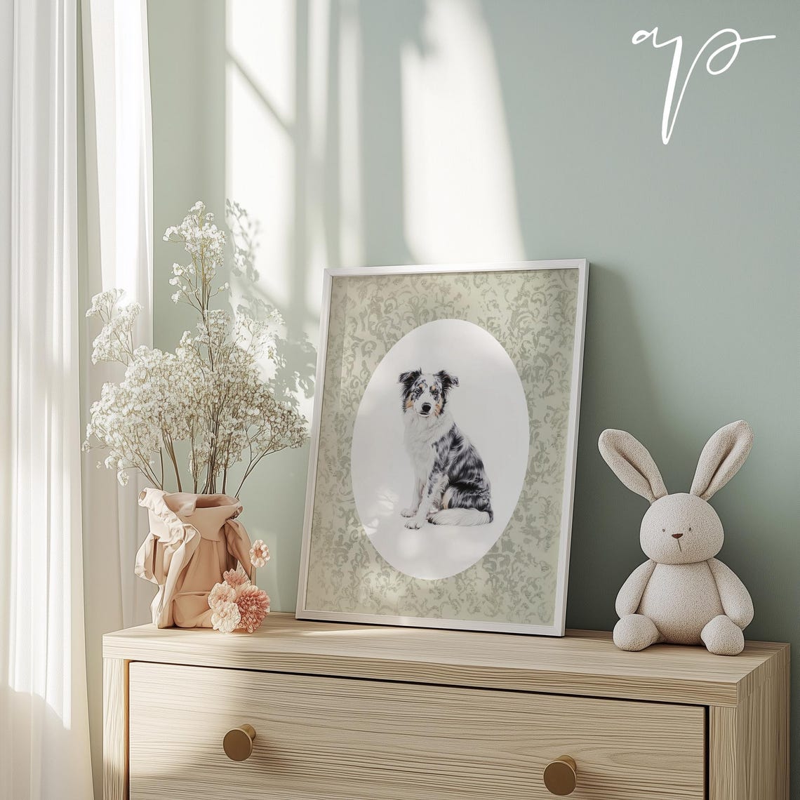 Australian Shepherd Portrait On Sage Toile Vintage Dog Poster - Image 3