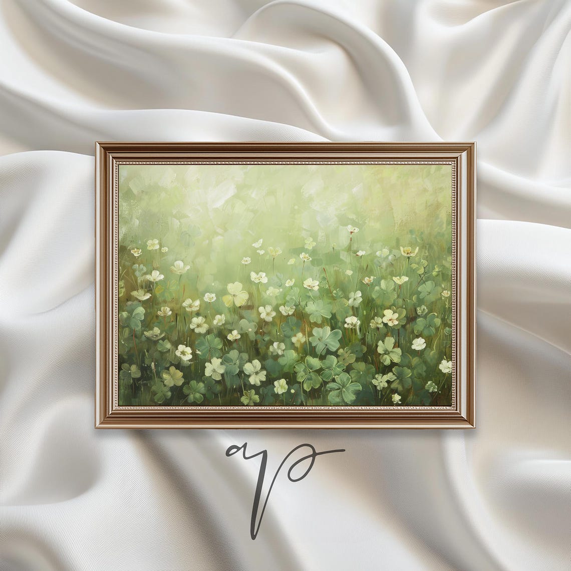 Green Clover Field White Flowers Soft Botanical Peaceful Art Poster