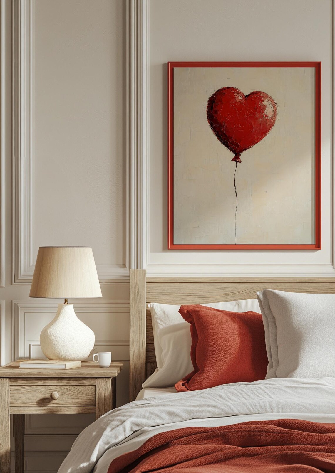 Red Heart Balloon Impasto Painting Cream Minimalist Love Art Poster - Image 2