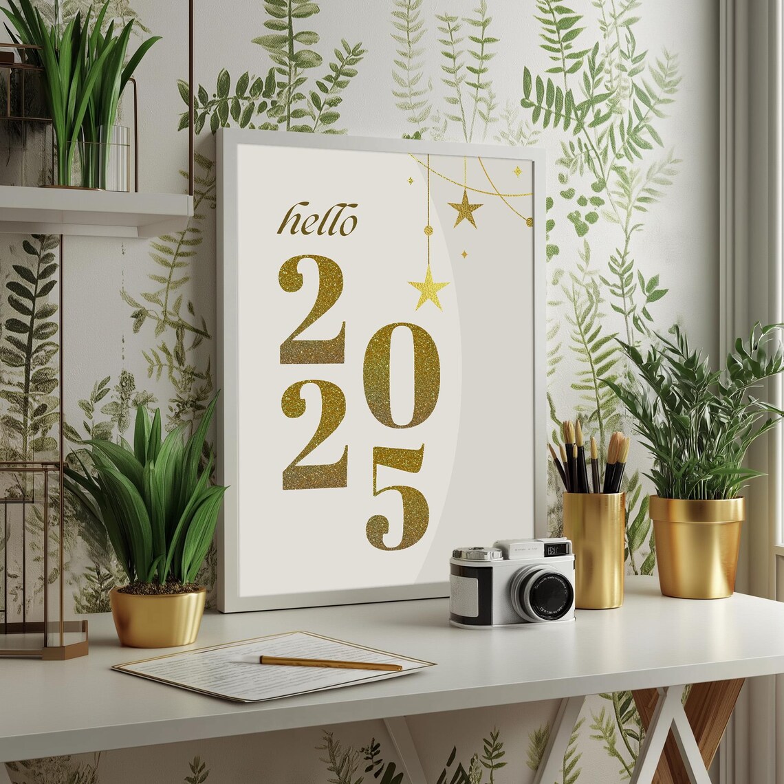 Hello 2025 Gold Glitter New Year Stars Celebration Typography Poster - Image 4