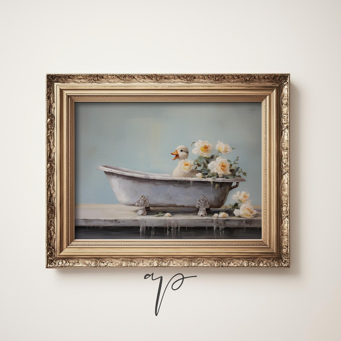 Duckling in Clawfoot Bathtub With White Flowers Cute Nursery Poster - Image 4