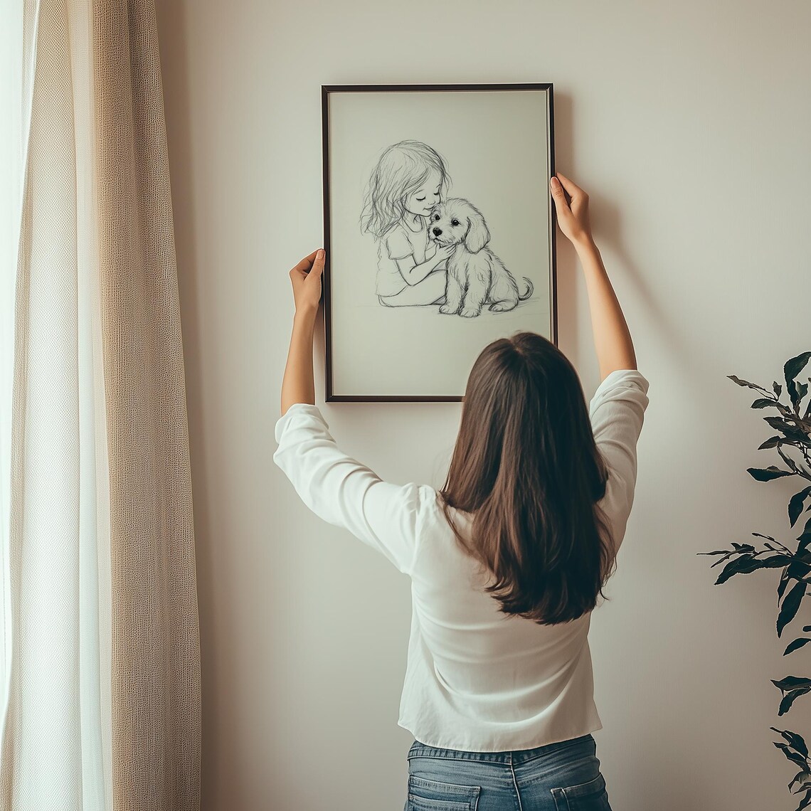 Pencil Sketch of a Little Girl Hugging a Fluffy Puppy Nursery Poster - Image 2
