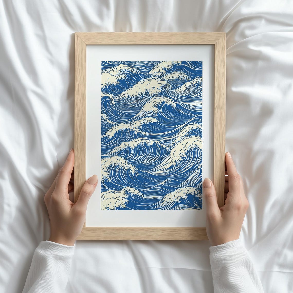 Modern Abstract Ocean Waves Print Nautical Home Decor Blue Beach Wall Art Japanese Inspired Blue White Sea Pattern Poster - Image 3