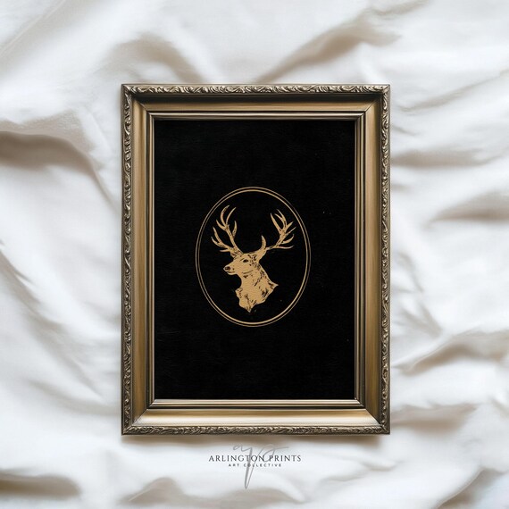 Gold Stag Head on Black Vintage Engraving Oval Frame Art Poster