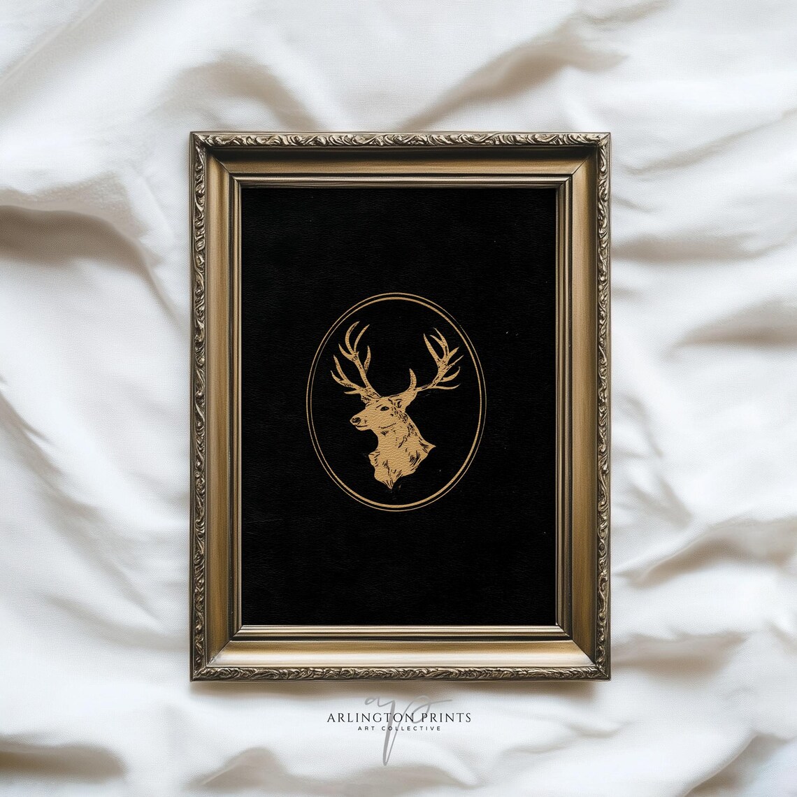 Gold Stag Head on Black Vintage Engraving Oval Frame Art Poster