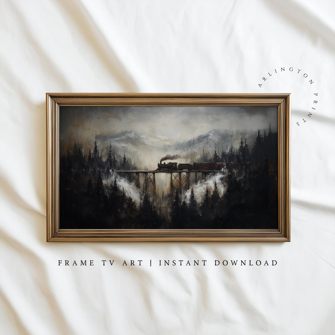 Vintage Winter Train Trestle Bridge Moody Mountain Frame TV Art Poster