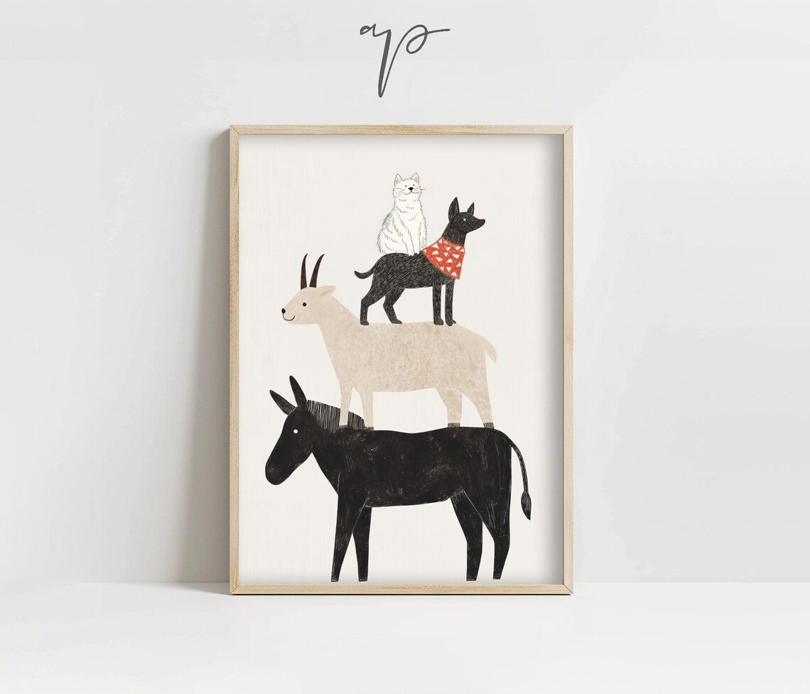 Stacked Farm Animals Donkey Goat Dog Cat Whimsical Nursery Art Poster - Image 4