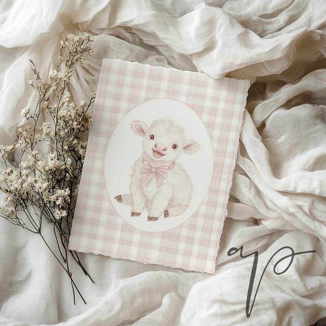 Baby Highland Cow Calf Pink Bow Gingham Nursery Animal Print - Image 4