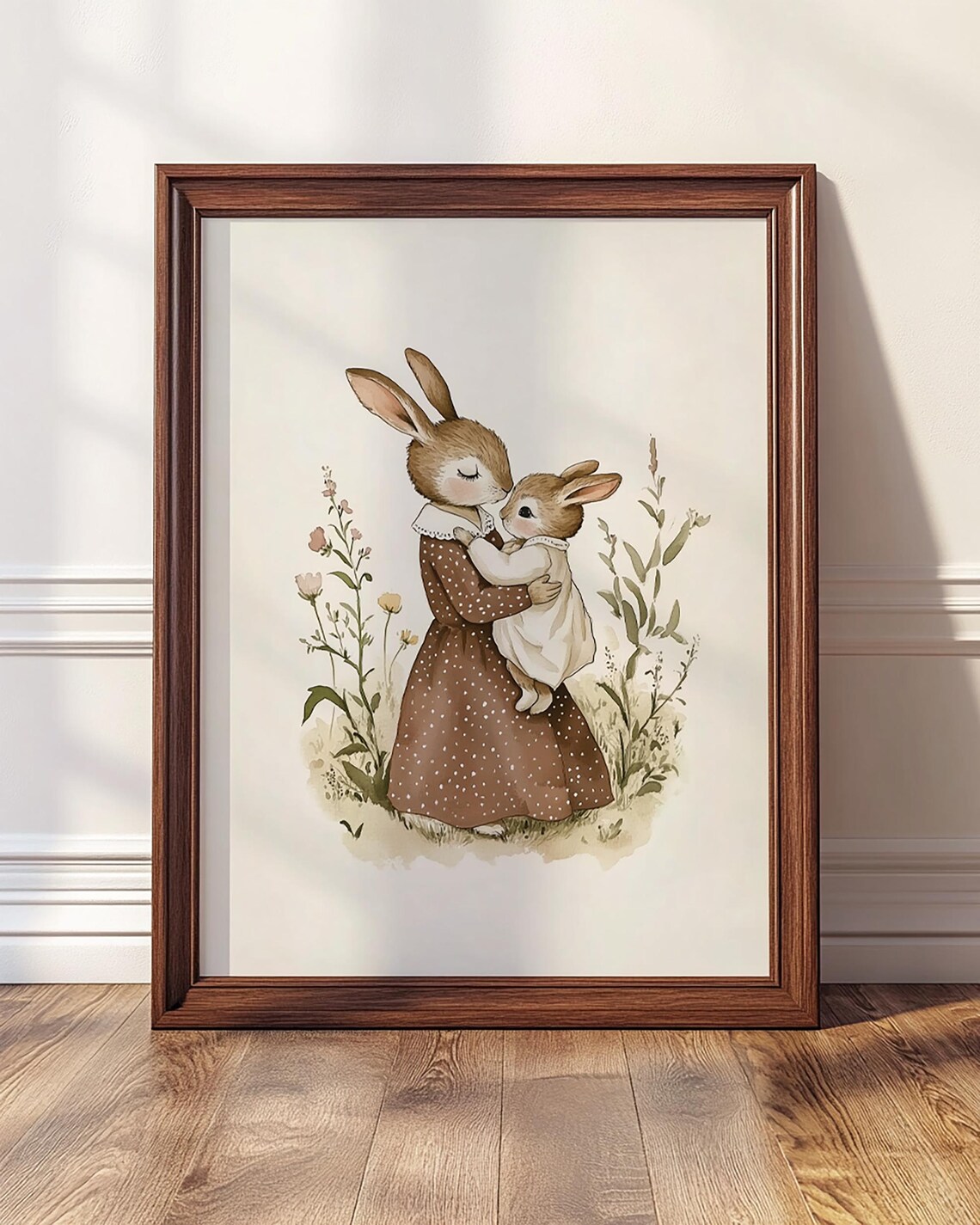 Watercolor Baby Bunny Embrace in a Wildflower Nursery Poster
