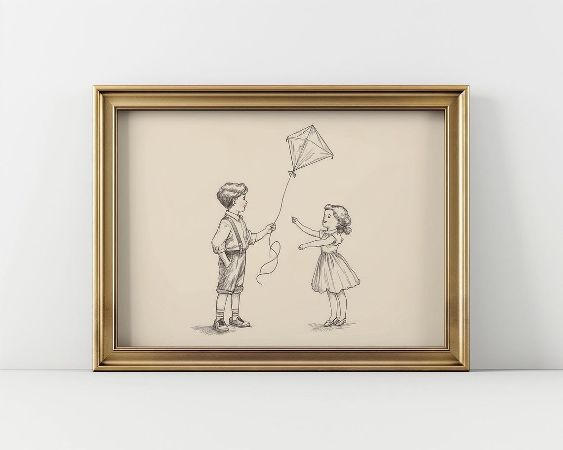 Vintage Children Flying Kite Classic Line Sketch Nursery Poster - Image 2