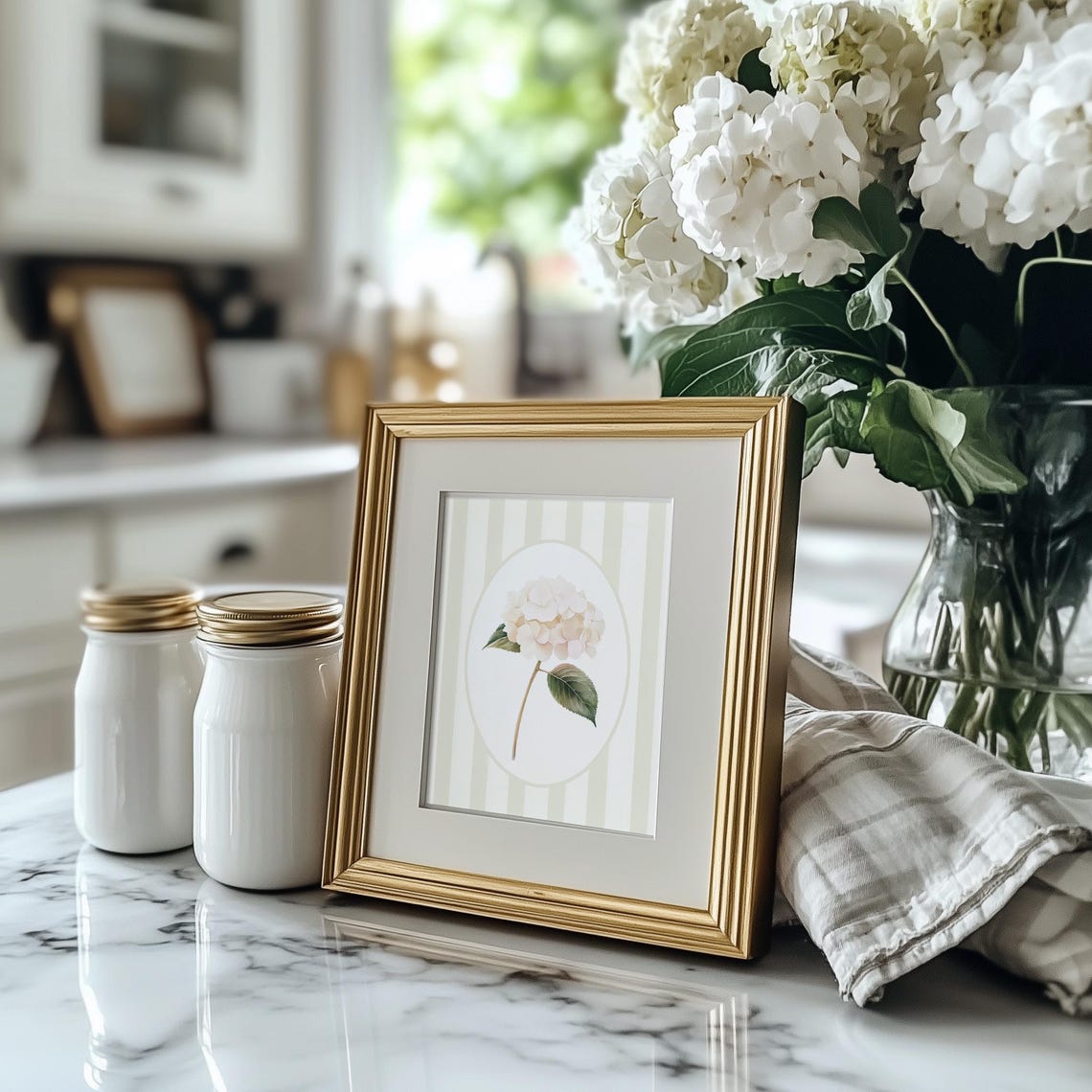 White Hydrangea Bloom on Cream Stripes Botanical Nursery Decor Poster - Image 5