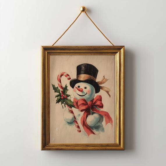 Vintage Snowman Christmas Art Print, Retro Holiday Decor