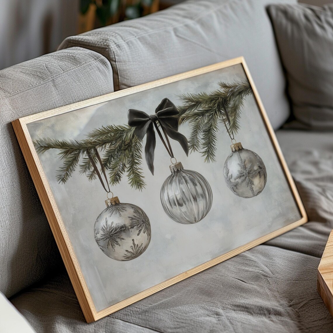 Silver Glass Christmas Ornaments Evergreen Garland Black Bow Poster - Image 4