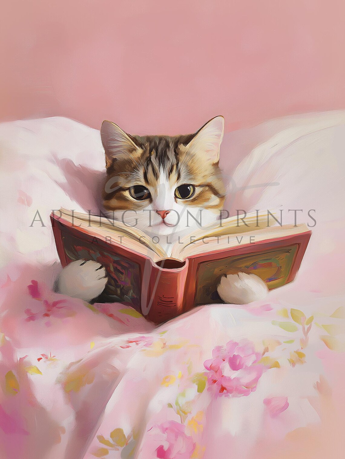 Kitten Reading A Book In Pink Floral Bed Funny Cat Lover Poster - Image 3