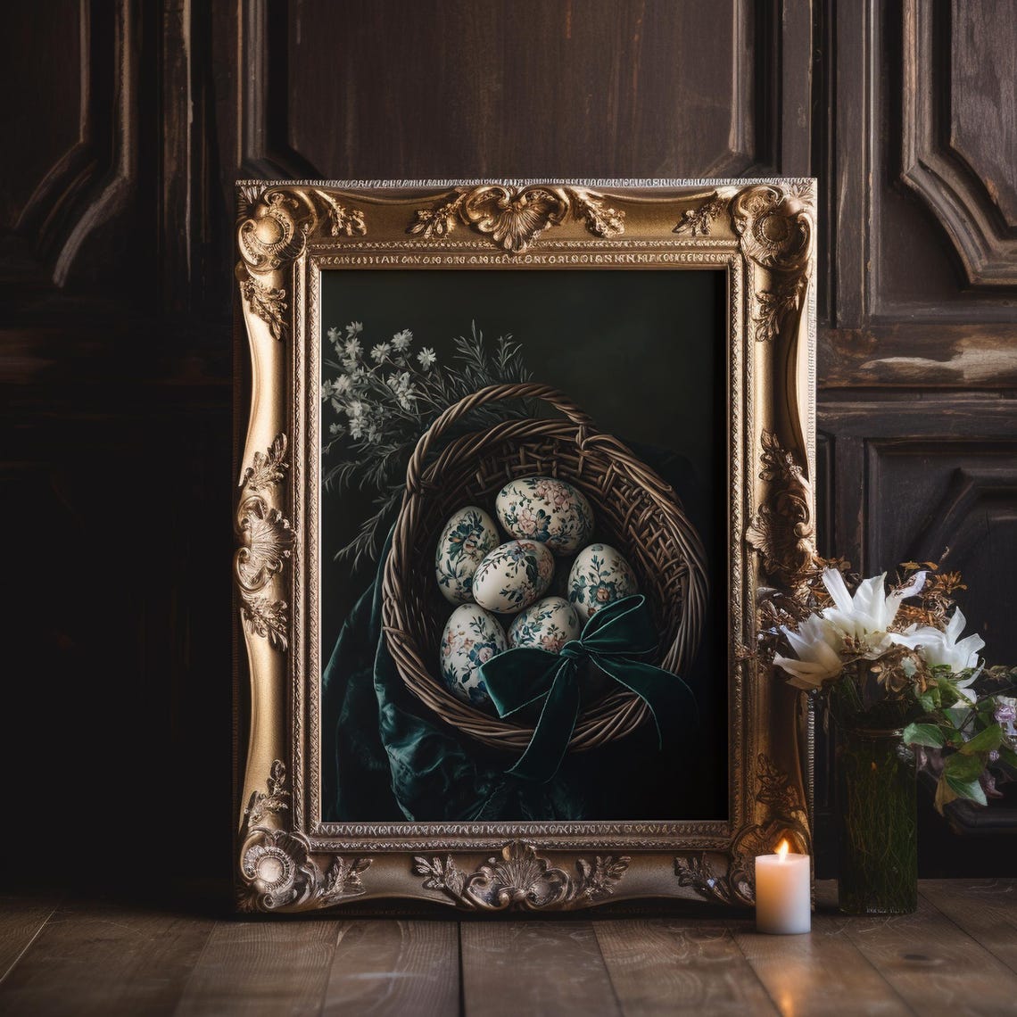 Floral Easter Eggs Basket Velvet Bow Moody Dark Spring Print - Image 2