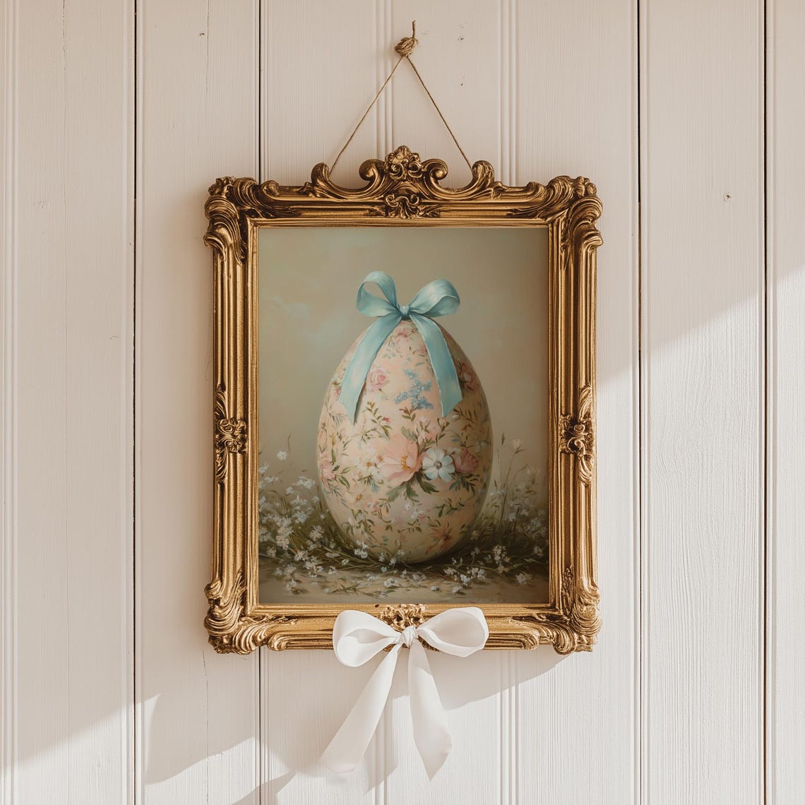 Pastel Floral Easter Egg with Blue Bow among Wildflowers Art Poster - Image 5