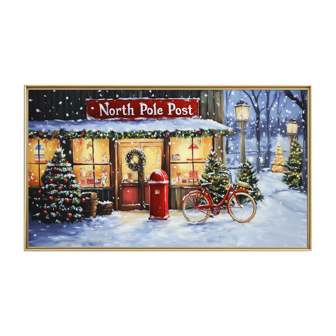 North Pole Post Snowy Christmas Shopfront With Bicycle Wall Art