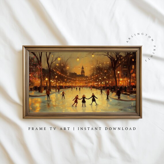 Vintage Ice Skating Night Scene City Lights Cozy Winter Christmas Poster