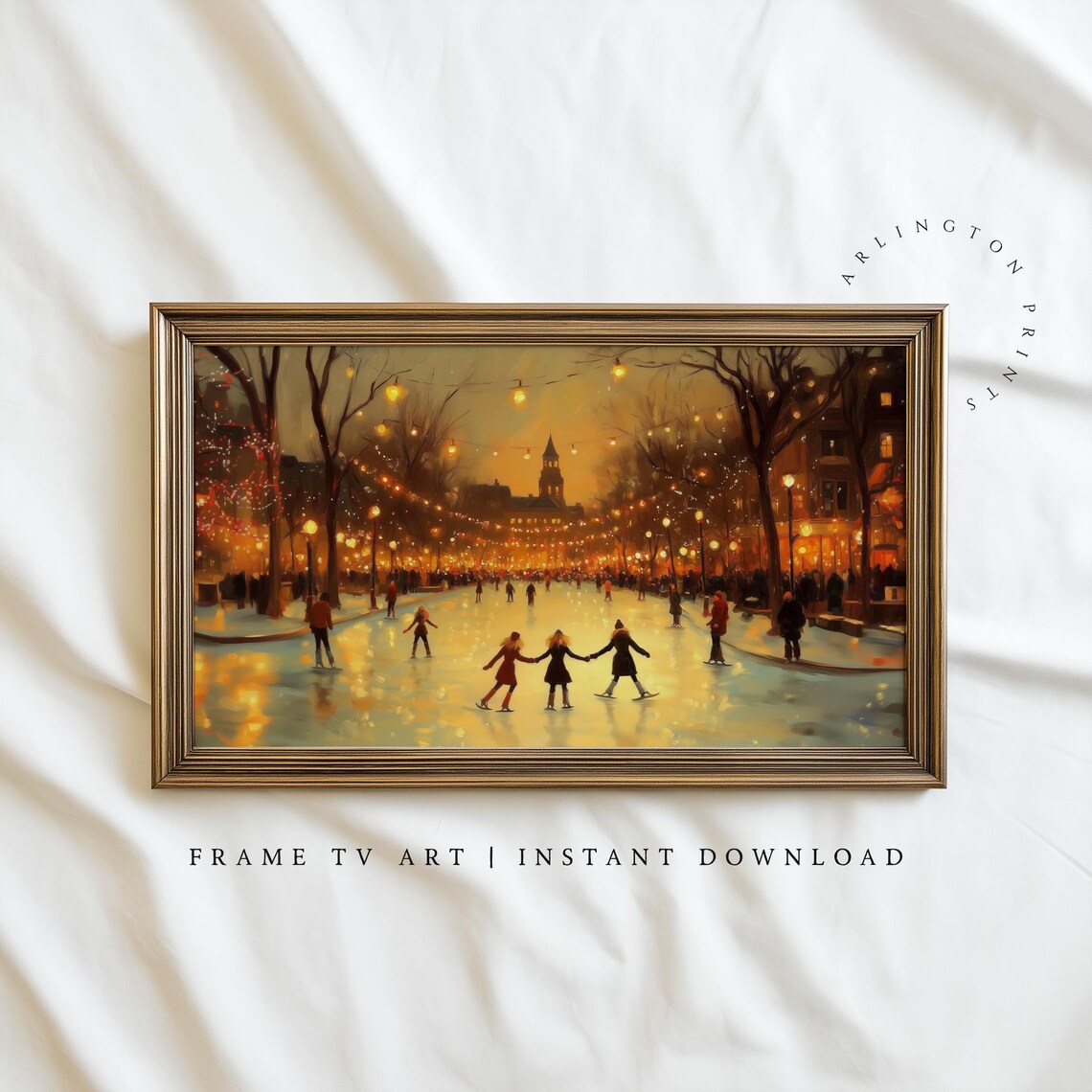 Vintage Ice Skating Night Scene City Lights Cozy Winter Christmas Poster