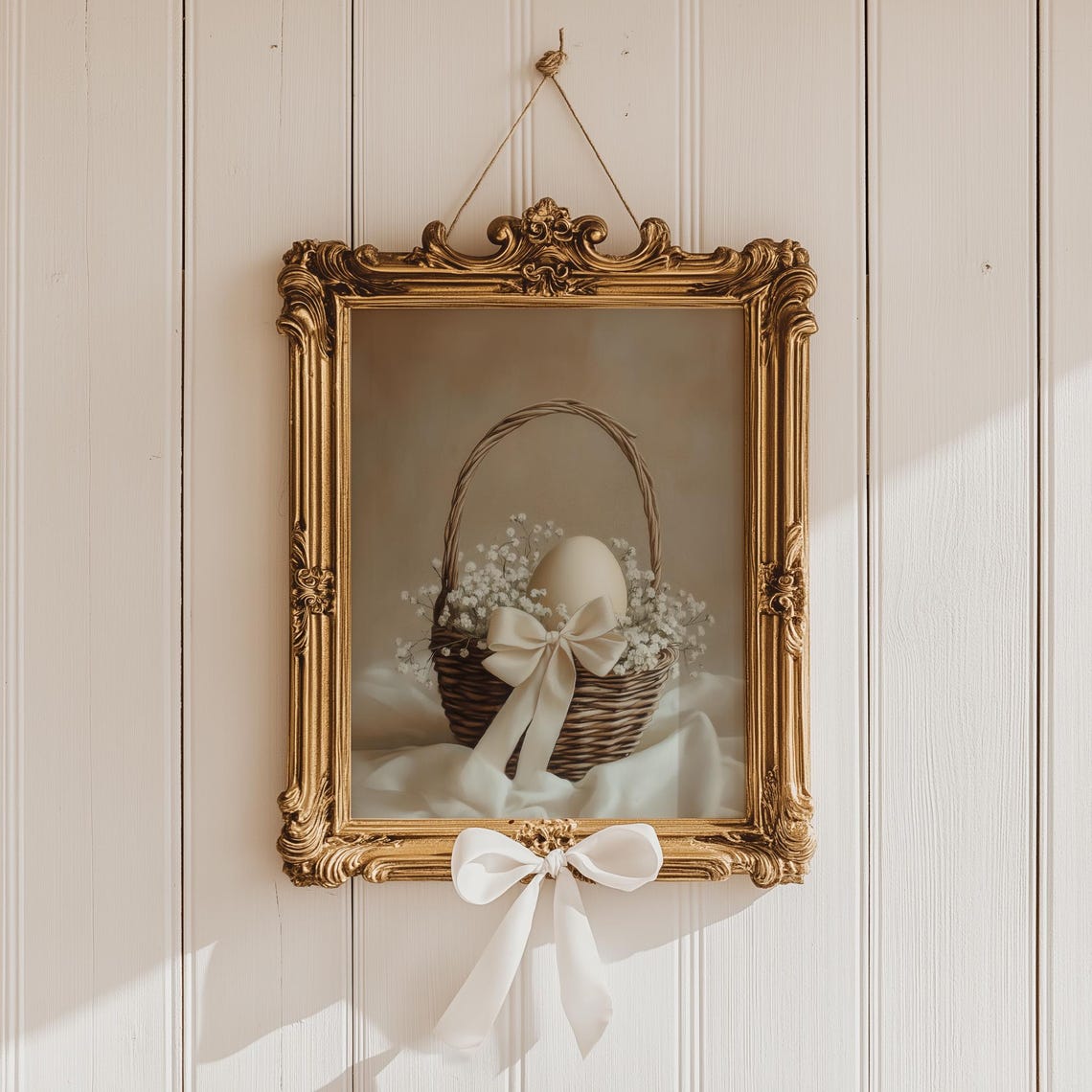 Rustic Wicker Easter Basket Egg Baby Breath Ivory Bow Poster - Image 2