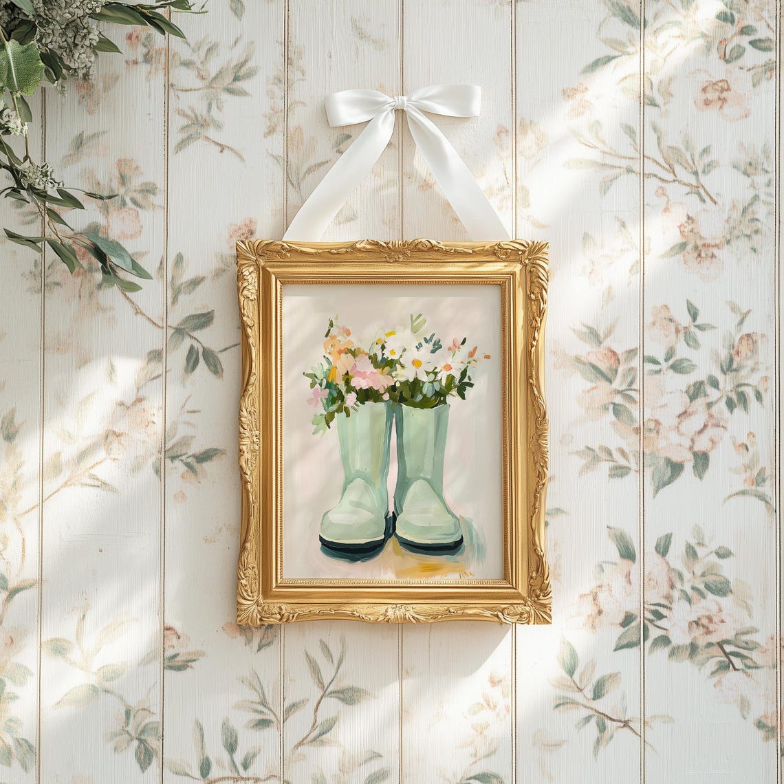 Sage Green Rain Boots Spring Flowers Watercolor Garden Art Print - Image 5