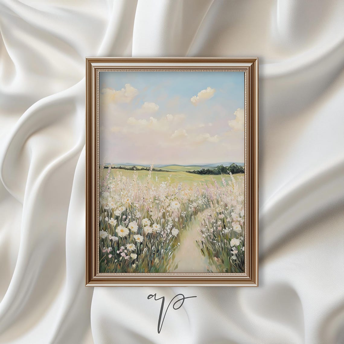 Pastel Wildflower Field With Winding Path Cottage Landscape Poster