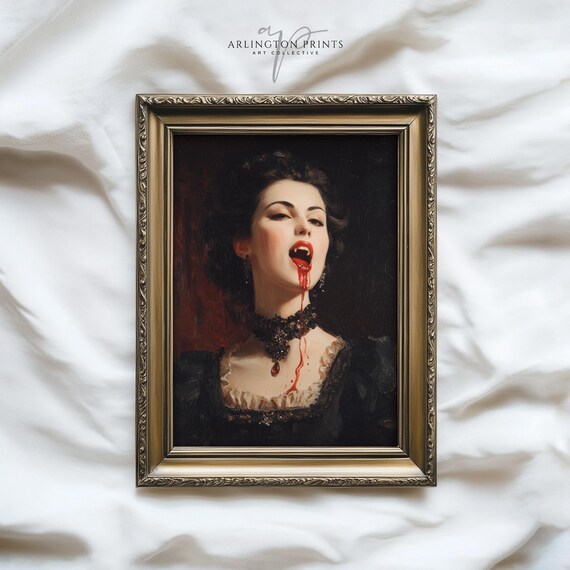 Gothic Vampire Woman Wall Art Dark Halloween Vintage Portrait With Blood Spooky Horror Home Decor 0725