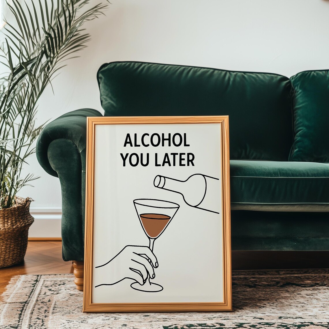 Funny Bar Cart Art, Minimalist Line Drawing