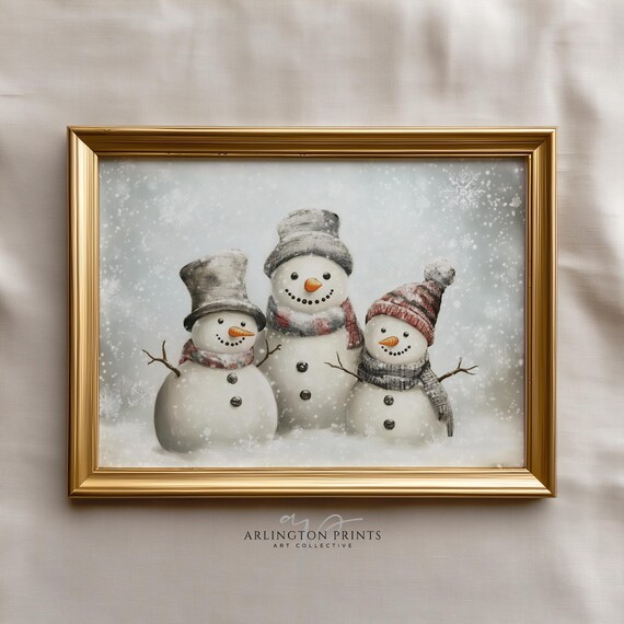 Cozy Snowman Family in Falling Snow Vintage Christmas Art Poster