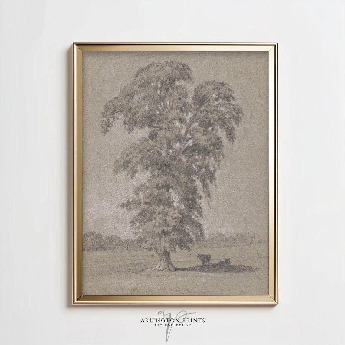 Country Tree Sketch Cows in the Shade Vintage Pencil Drawing Poster