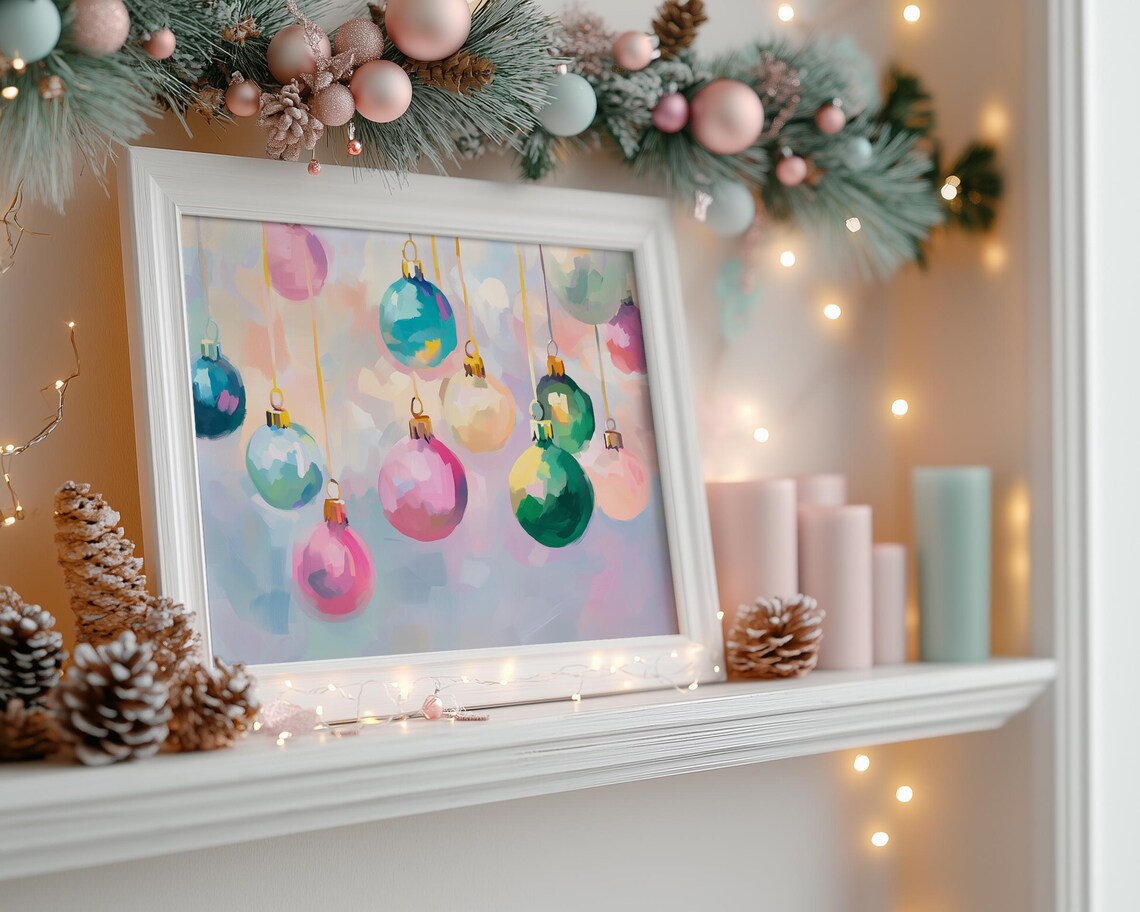 Pastel Christmas Ornaments Art Print, Preppy Winter Decor - Image 4