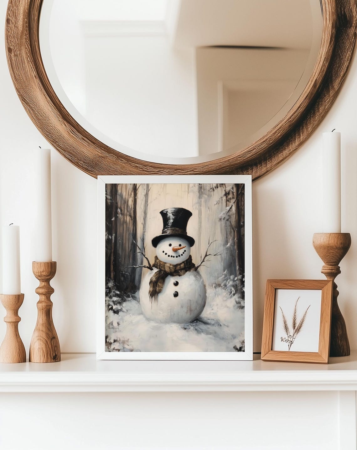 Rustic Snowman Top Hat Scarf Winter Forest Vintage Painting Poster - Image 2