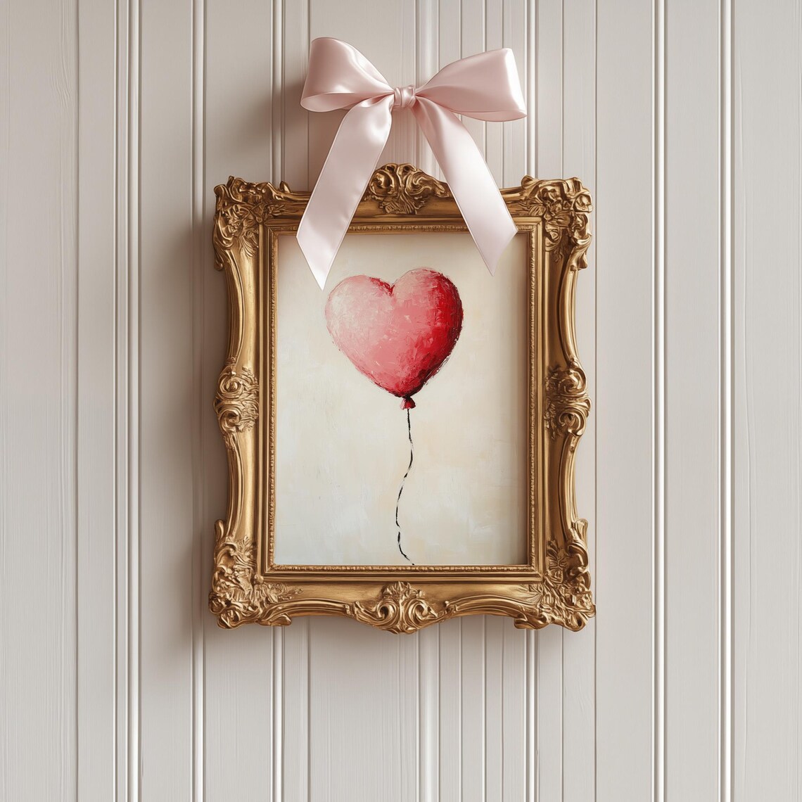 Pink Heart Balloon With String Cream Minimalist Valentine Art Poster - Image 3
