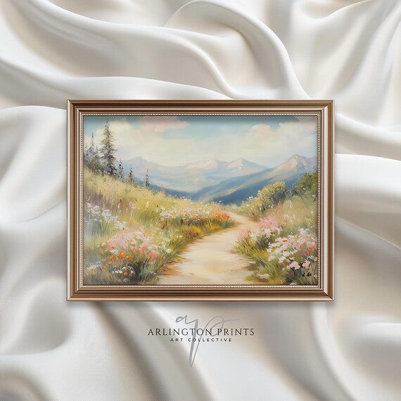 Spring Wildflower Path Mountain Valley Pastel Landscape Poster