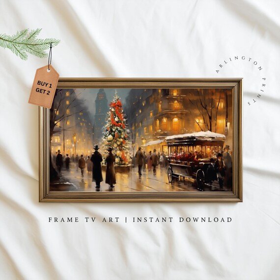 Vintage Christmas Town Scene Poster Winter Holiday Market Street