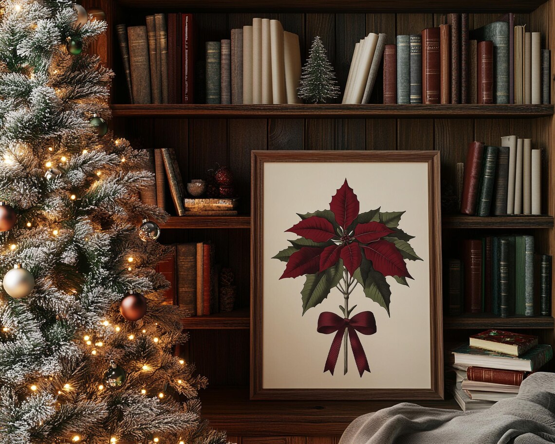 Burgundy Poinsettia Botanical Stem Ribbon Bow Vintage Style Poster - Image 3